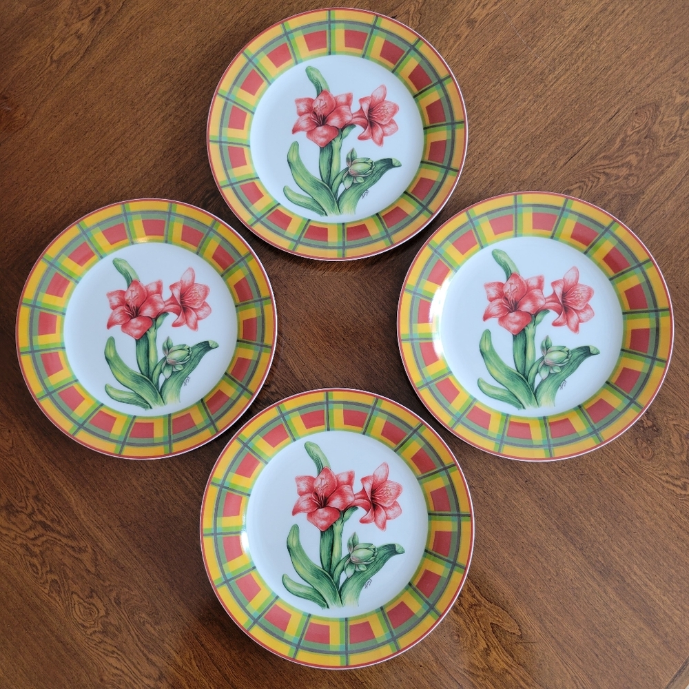 4PC Set I. Godinger Ceramic Salad Dessert Plate Floral Red Plaid Sz 7.5"